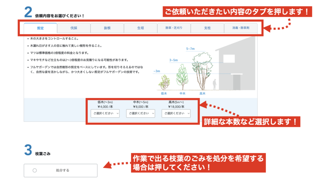 ご依頼内容をタブ、セレクトから選択します